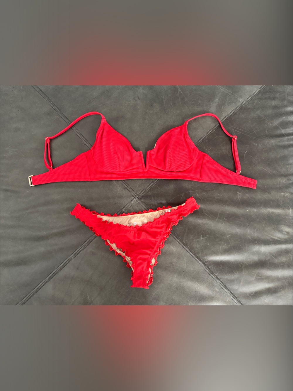 Shade & Shore Red Ribbed Bikini Top and Ruffle Bikini